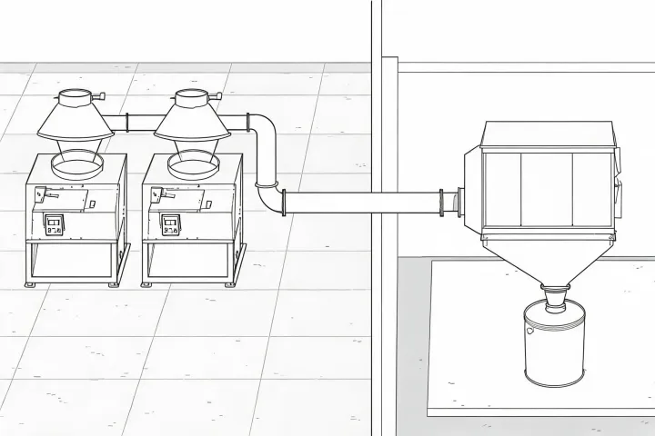 Schematic plant layout with capture hoods, duct main, collector pad and hopper discharge, not a published street map